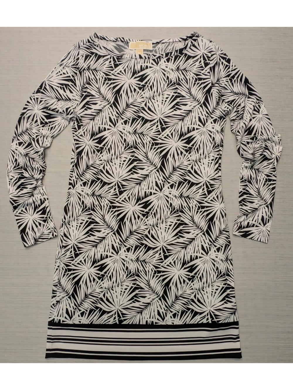 Michael Kors Black and White Palm Leaf Print Dress Petite Small
